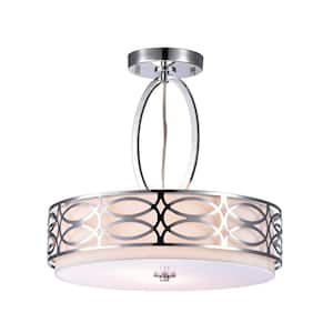 Pavot 17 in. 3-Light Chrome Drum Semi-Flush Mount with White Fabric Shade and No Bulbs Included, for Dining/Living Room