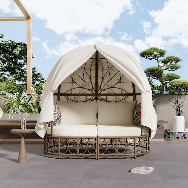 Zeus & Ruta 59.8 in. Brown Wicker Outdoor Day Bed with Beige Cushions for Garden, Backyard