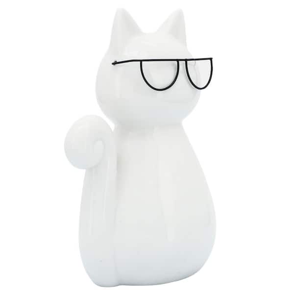 Liv & Skye White 5 in. x 7 in. Stoneware Cat with Glasses