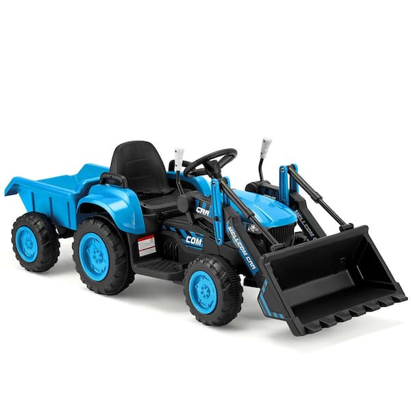 9 in Boys' Electric Bulldozer, 12-Volt Toy Tractor Kids Car with Remote Control, Trailer, Horn and Music, Blue
