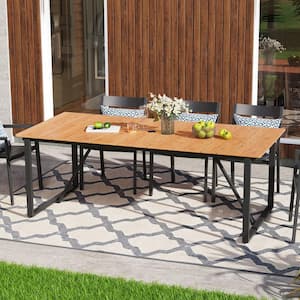 82.7 in. Rectangular Aluminum Faux Wood Top Outdoor Dining Table with Umbrella Hole in Brown