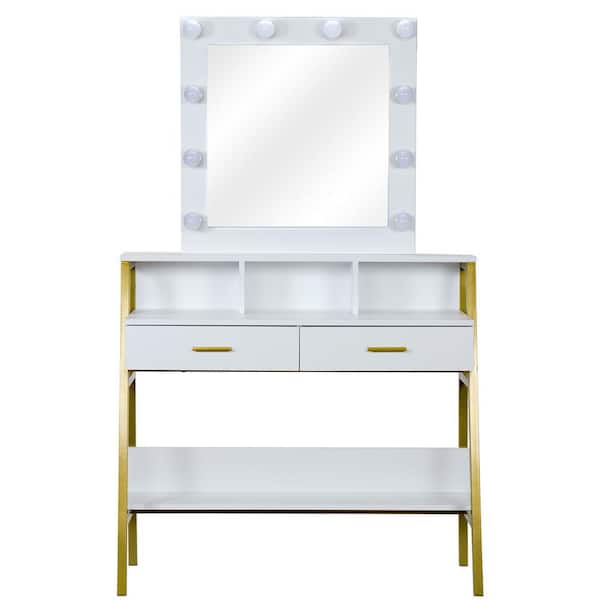 Karl home Single Mirror White Dressing Vanity Table with 2-Drawers (62 in. H x 40 in. W x 15 in. D)