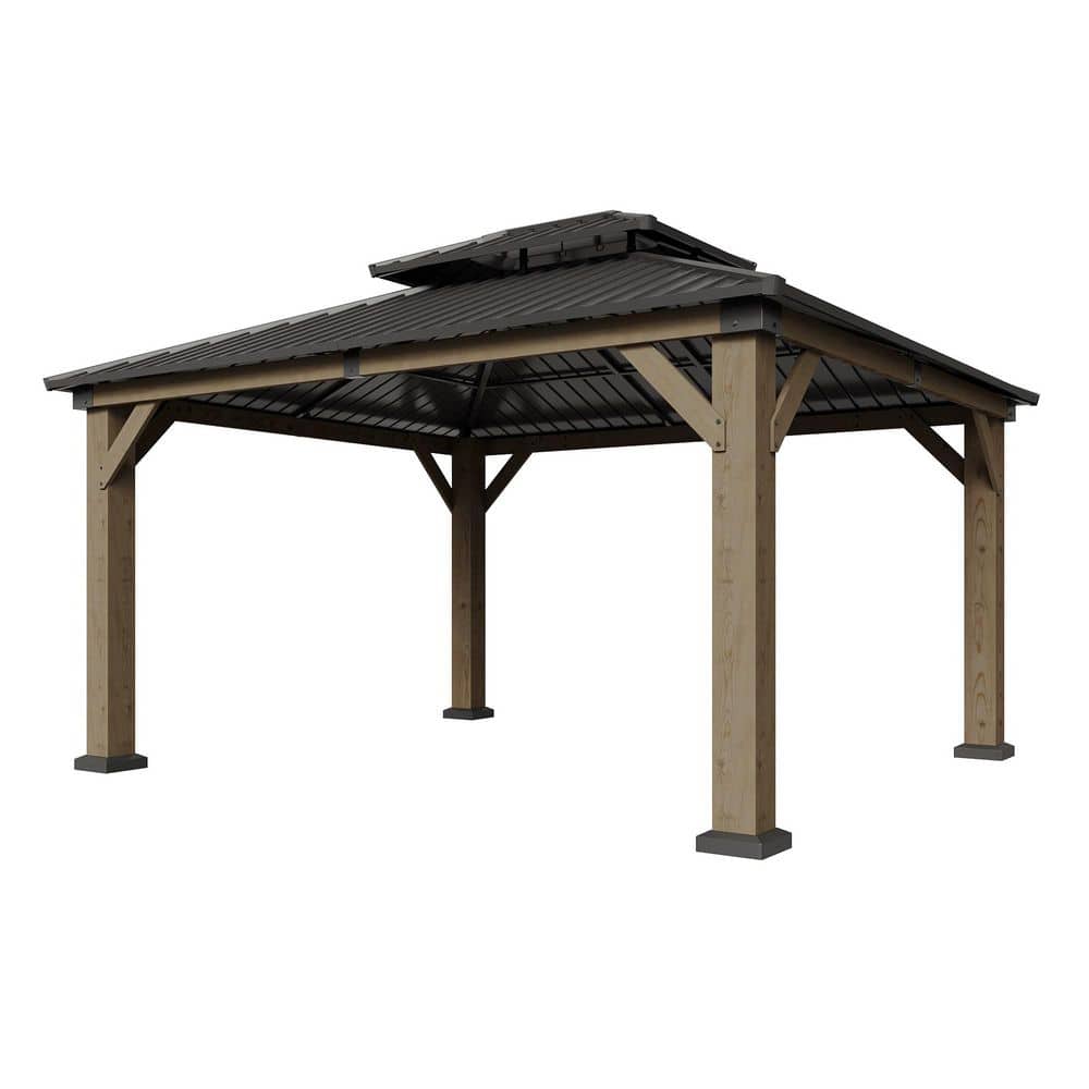 14 ft. x 12 ft. Outdoor Wood Gazebo, Hardtop Gazebo Permanent Wooden Pavilion with Galvanized Steel Double Roof, Gray price history on PriceWatchPro
