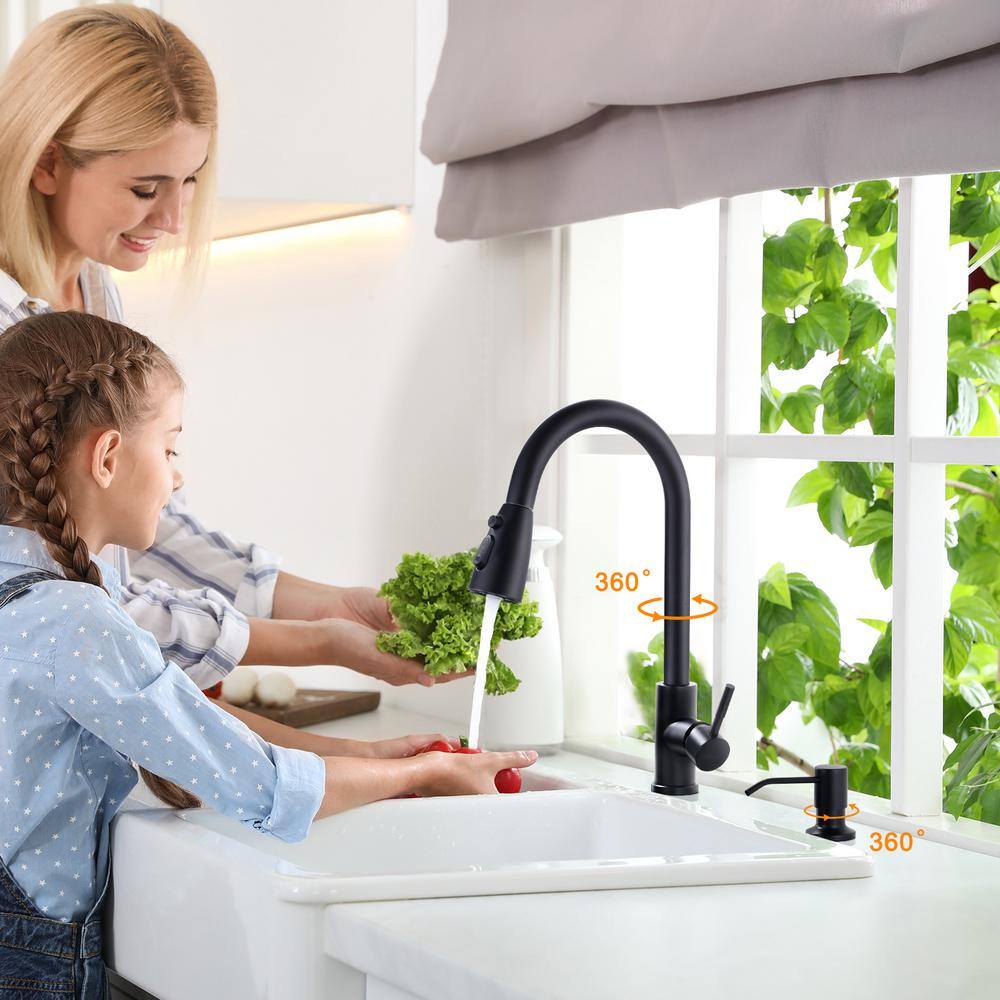 Matte Black Single Handle High-Arc Kitchen Faucet with Soap Dispenser