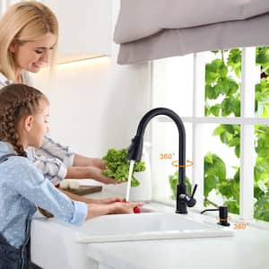 Single Handle Pull-Down Sprayer Kitchen Faucet with Side Soap Dispencer in Matte Black