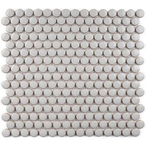 Porcetile Round Gray 12.41 in. x 11.46 in. Penny Glossy Porcelain Mosaic Wall and Floor Tile (9.9 sq. ft./Case)
