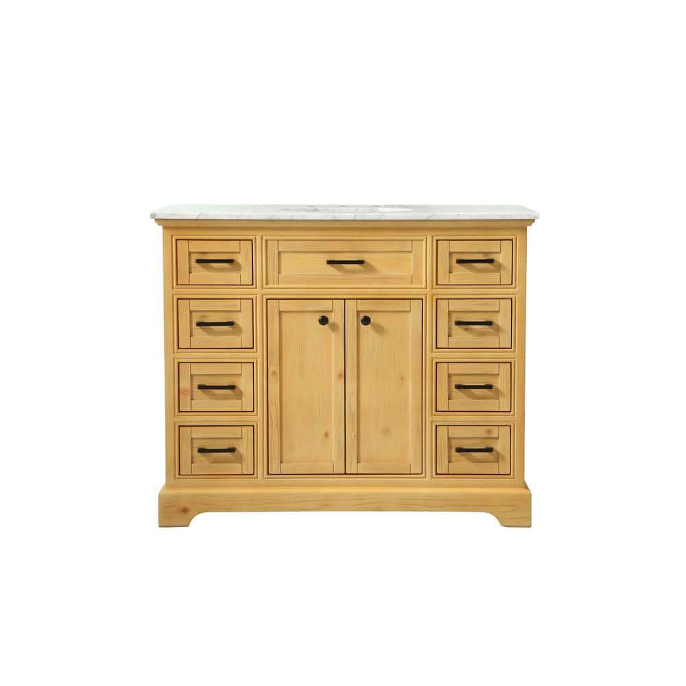 42 in. Single Sink Natural Wood Bath Vanity with Carrara White Marble Top
