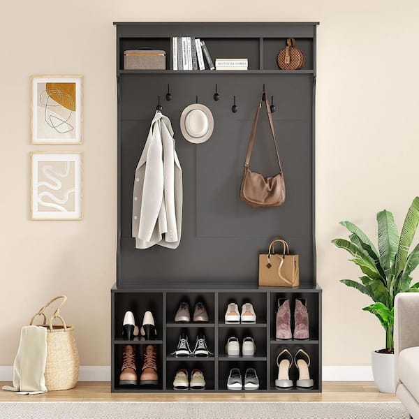 Dovelina Elegant 70.9 in. Black Solid Wood Hall Tree with Bench and Shoe Storage Cabinet