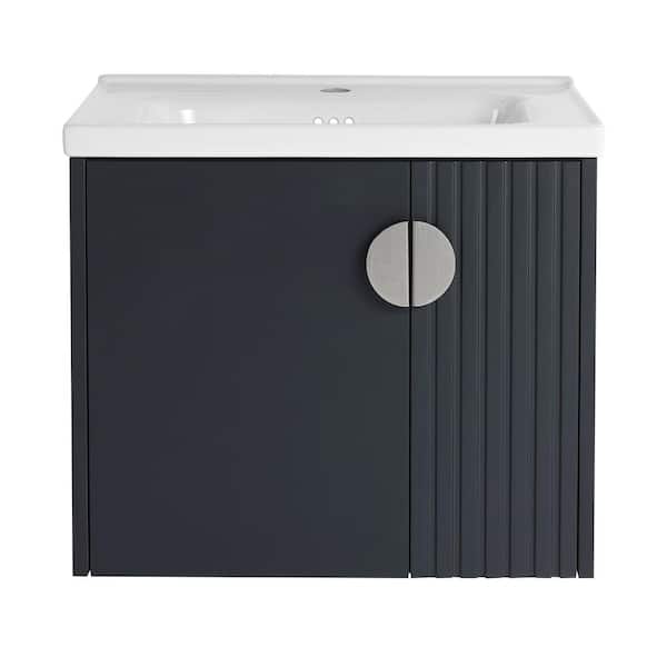 FORCLOVER 24 in. W x 18.5 in. D x 20.69 in. H Single Sink Wall Mounted Bath Vanity in Black with White Ceramic Top