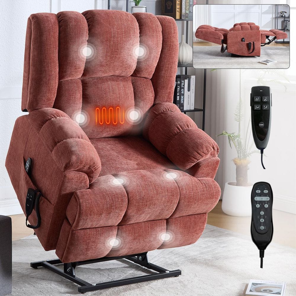 Red Dual Motor Heat Massage Chenille Power Lift Recliner with Medium-firm a