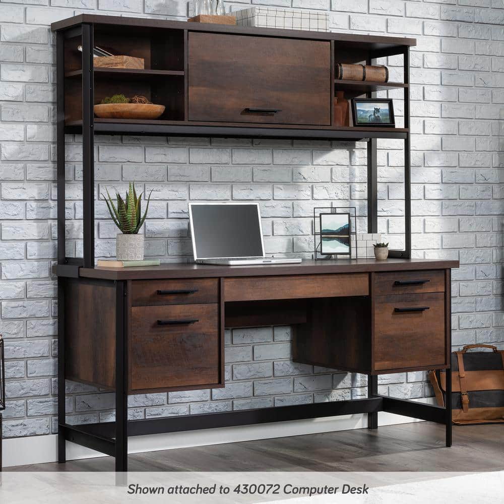 Barrel Oak and Black Metal Computer Desk Hutch with Shelves