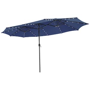 15 ft. Twin Patio Double-Sided Steel Market 48 Solar LED Lights Crank Patio Umbrella in Navy