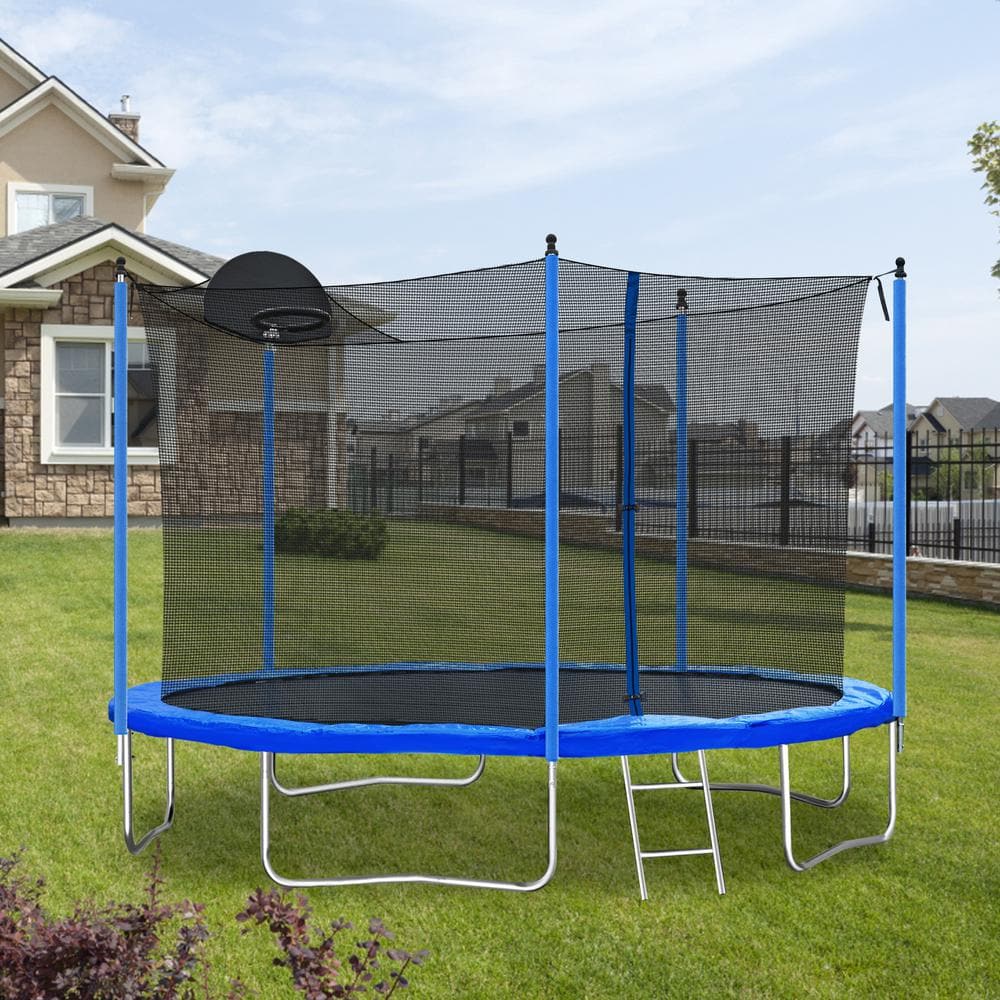 12FT Blue Trampoline with Safety Net and Basketball Hoop