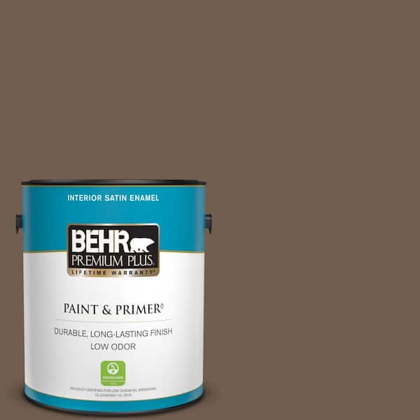 BEHR PREMIUM PLUS 1 gal. #PPF-52 Rich Brown Satin Enamel Low Odor Interior Paint & Primer