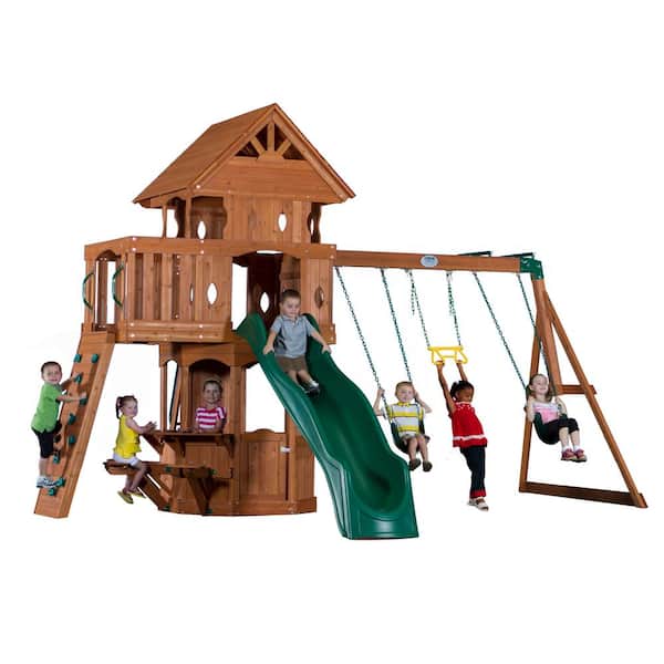 Backyard Discovery Woodland All Cedar Swing Set Playset w/Fort, Sun Porch, Counter and Benches, Rockwall, Wave Slide,Belt Swing and Trapeze