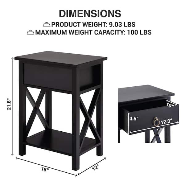 MAYKOOSH Black, 1-Drawer Wooden End Table with Storage Shelf