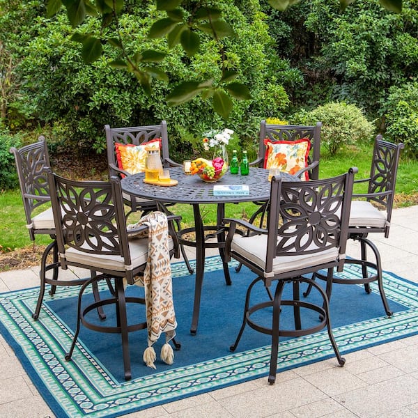 Brown 7-Piece Cast Aluminum Patio Bar Height Outdoor Dining Set With Swivel Bar Stools With Beige Cushion