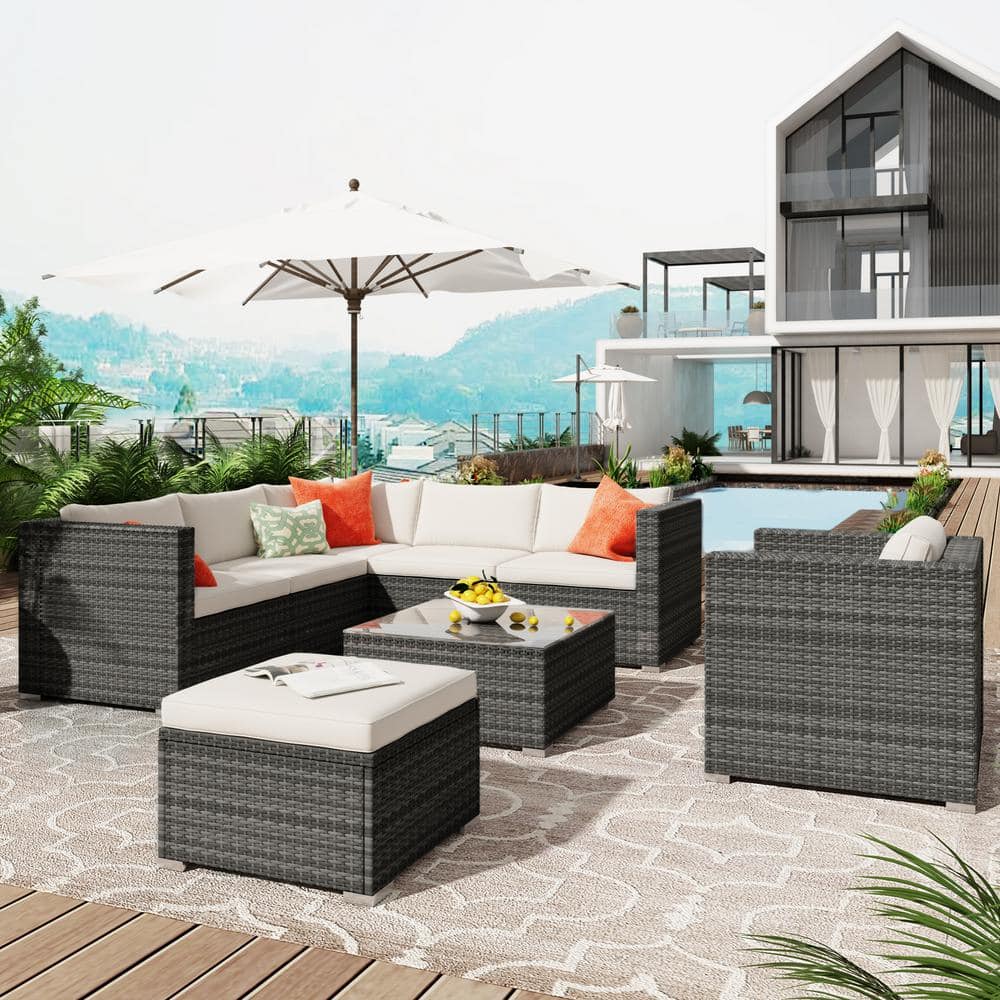 Gray 8-Piece Wicker Patio Conversation Sectional Seating Set with Beige Cus