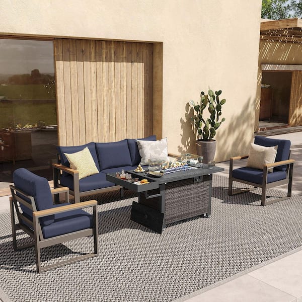 AURA OUTDOOR Outdoor 4-Piece Aluminum Patio Conversation Sets with 52 in. Propane Fire Pit Table and Dark Blue Cushions