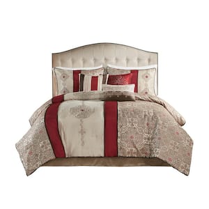7-Piece Red Polyester Queen Comforter Set with Throw Pillows