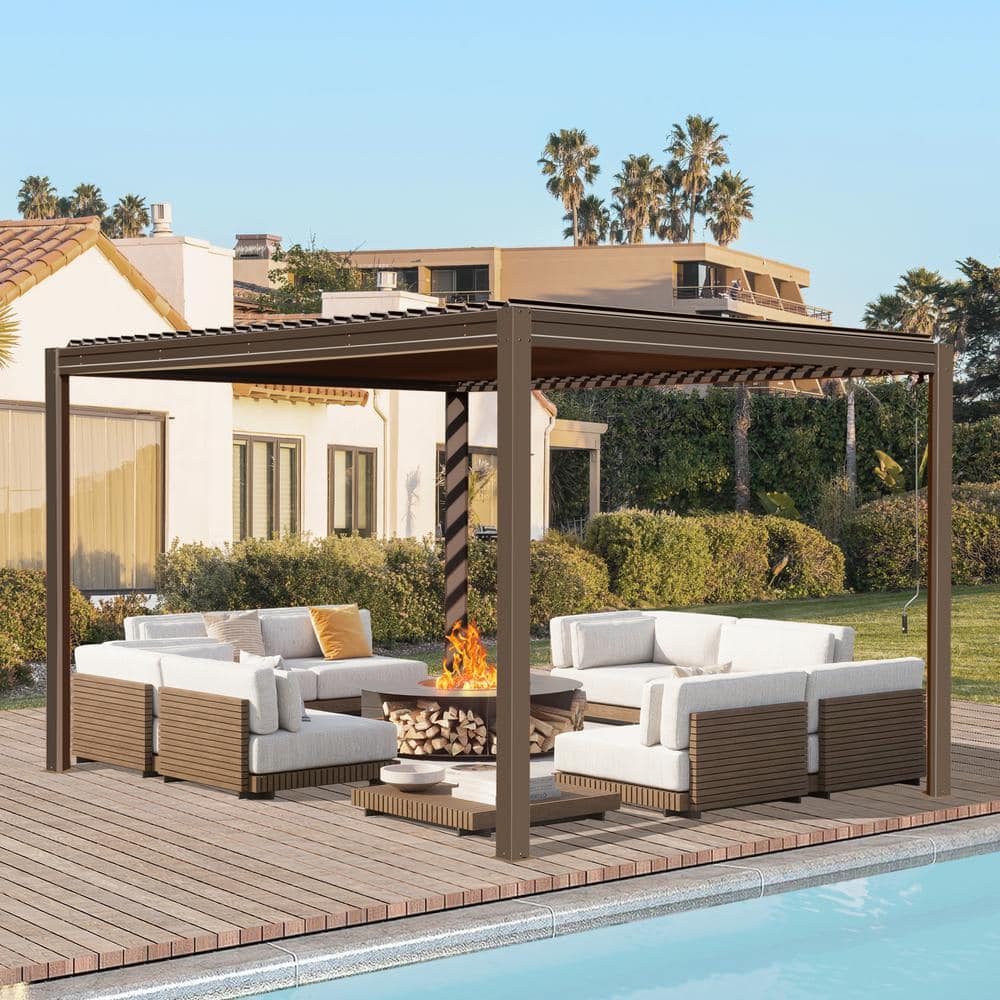 Brown Aluminum 10' x 13' Louvered Pergola with Adjustable Roof