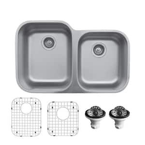 18-gauge Stainless Steel 32 in. Double Bowl Undermount Kitchen Sink with Grid and Basket Strainer
