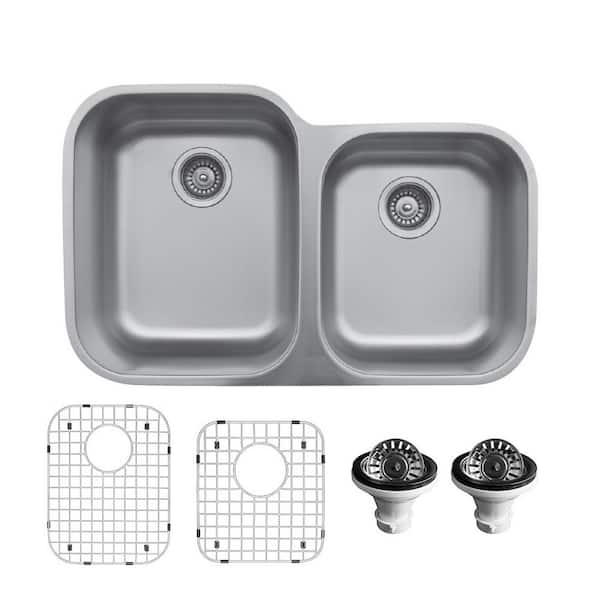 Karran 18-gauge Stainless Steel 32 in. Double Bowl Undermount Kitchen Sink with Grid and Basket Strainer