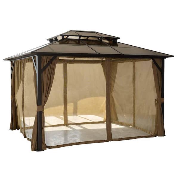 Noble House Isaac Outdoor Patio 10 ft. x 12 ft. Tan Aluminum Hardtop Gazebo with Polycarbonate Double Roof, Netting, Curtains