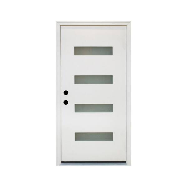 36 in. x 80 in. 4 Lite White Finish Right-Hand Inswing Frosted Glass Fiberglass Prehung Front Door with Hinge, Threshold