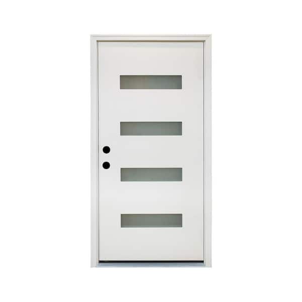 36 in. x 80 in. Right-Hand 4 Lite Frosted Glass Finish White Fiberglass Prehung Front Door with Hinges, Threshold