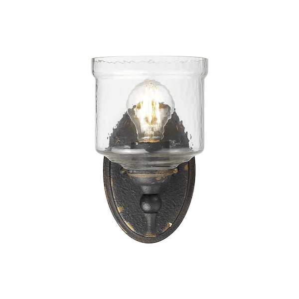 Keating 1 Light Antique Black Iron Wall Sconce with Hammered Water Glass Shade