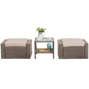 Brown 3-Piece Wicker Patio Conversation Set with Khaki Cushions