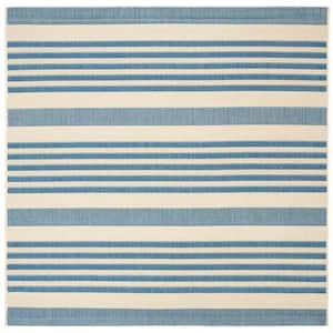 Courtyard Beige/Blue 4 ft. x 4 ft. Square Striped Indoor/Outdoor Patio  Area Rug