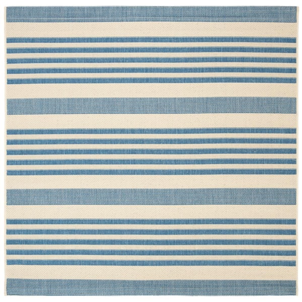 SAFAVIEH Courtyard Beige/Blue 4 ft. x 4 ft. Square Striped Indoor/Outdoor Patio  Area Rug