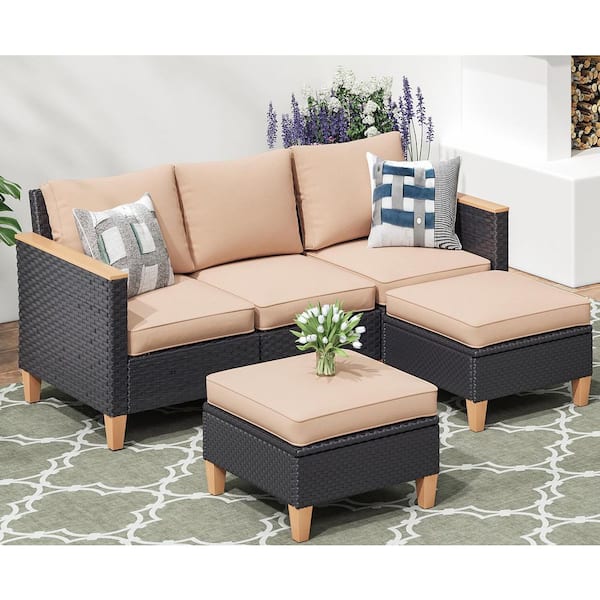5-Piece Wicker Outdoor Patio Sectional Sofa with Ottomans, Khaki Cushions & Coffee Table, Couch Set for Garden Backyard