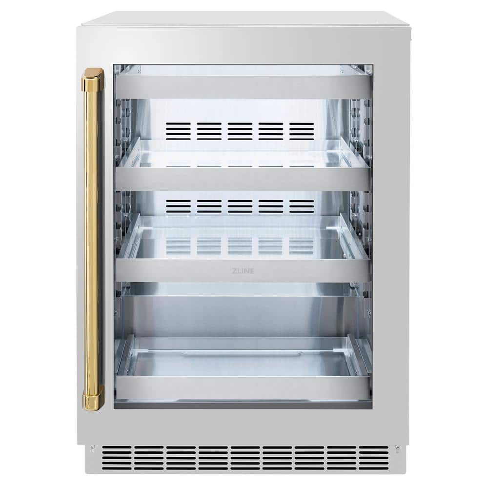 ZLINE Kitchen and Bath 24 in. Touchstone Single Zone 151 Can Beverage Fridge with Stainless Steel Glass Door and Polished Gold Handle