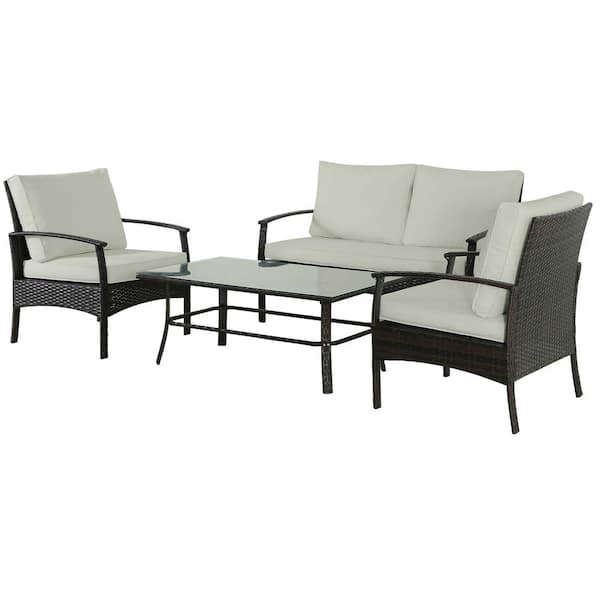 Unbranded 4 Pieces Brown Wicker Outdoor Patio Bistro Set Conversation Set with Coffee Table and White Thick Cushions