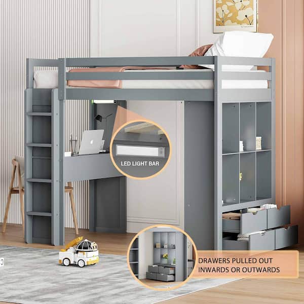 Polibi Twin Size Loft Bed with Large Shelves, Writing Desk and LED Light, Gray