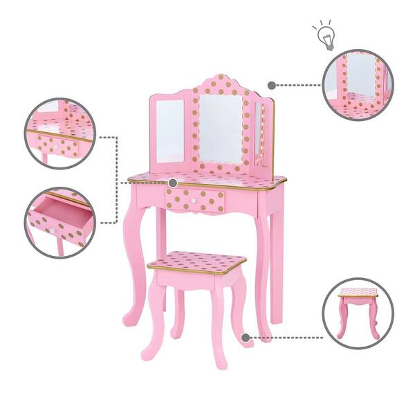 Teamson Kids Fantasy Fields Prints Pink/Rose Gisele Depot The with Vanity LED Gold Fashion Home TD-11670LL Light Dot Mirror Polka Set - - Play