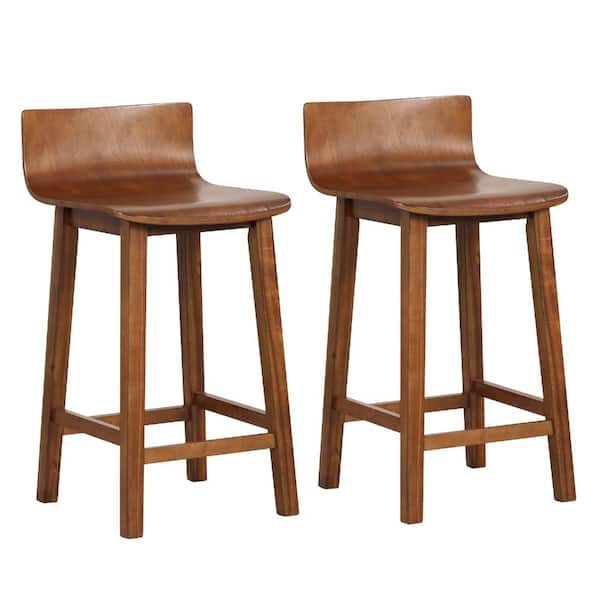Set of 2 Mid-Century Wooden Bar Stools with Solid Back, Acacia Legs and 24.5 in. Seat