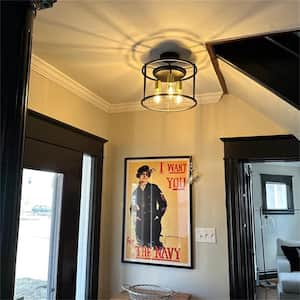 14 in. 3-Light Black and Gold Drum Cage Semi Flush Mount Light