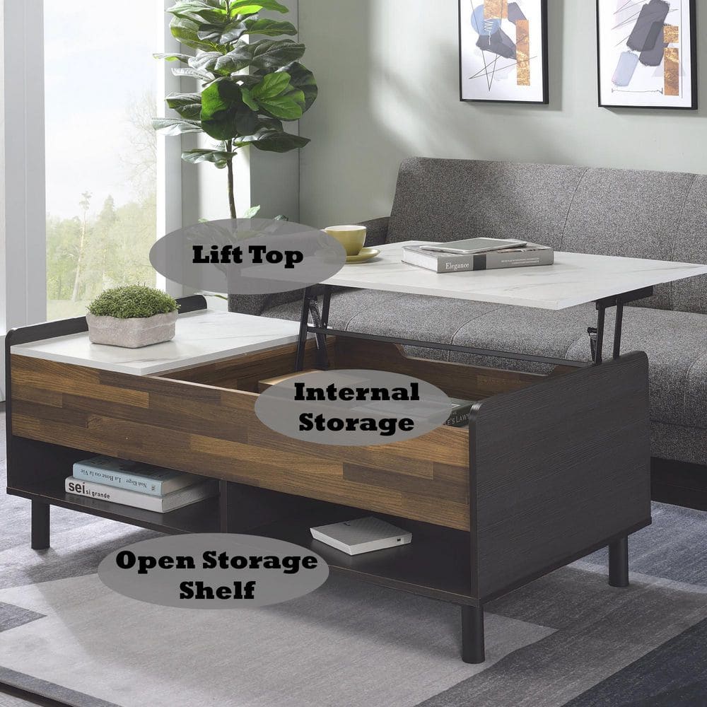Axel Rectangular Walnut and Marble Lift-Top Coffee Table with Storage