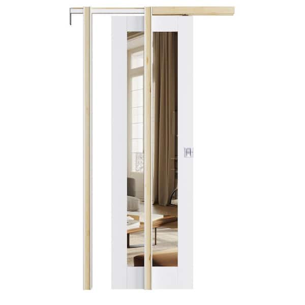 24 in. x 80 in. 1-Lite Mirrored Glass White Door with Pocket Door Frame and Hardware (Soft Close and Silver Lock Incl)