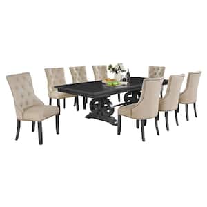 Jade 9-Piece Rectangle Gray Dining Set with Beige Linen Fabric.