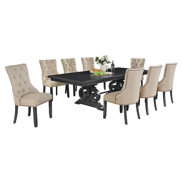 Best Quality Furniture Jade 9-Piece Rectangle Gray Dining Set with Beige Linen Fabric.