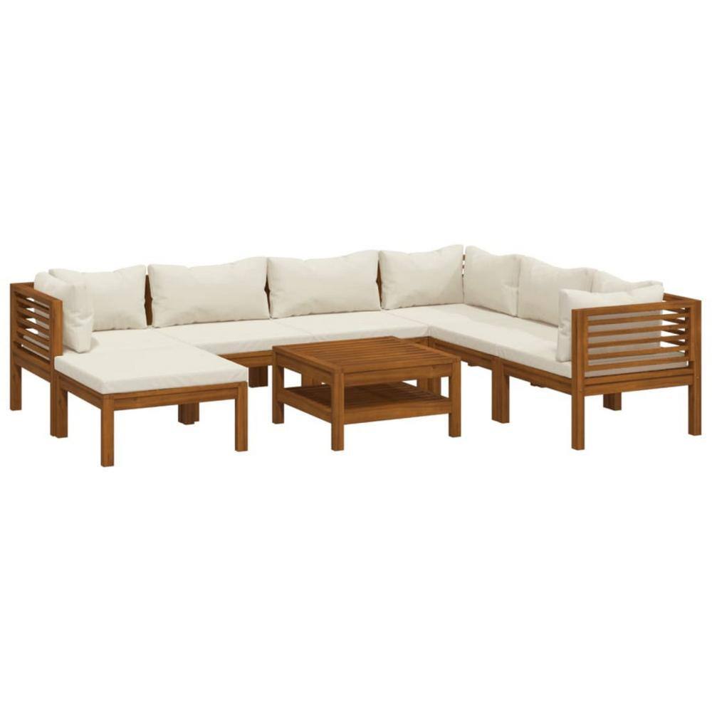 8-Piece Ivory and Brown Wood Outdoor Modular Sectional Sofa with Ivory Fabric Cushion