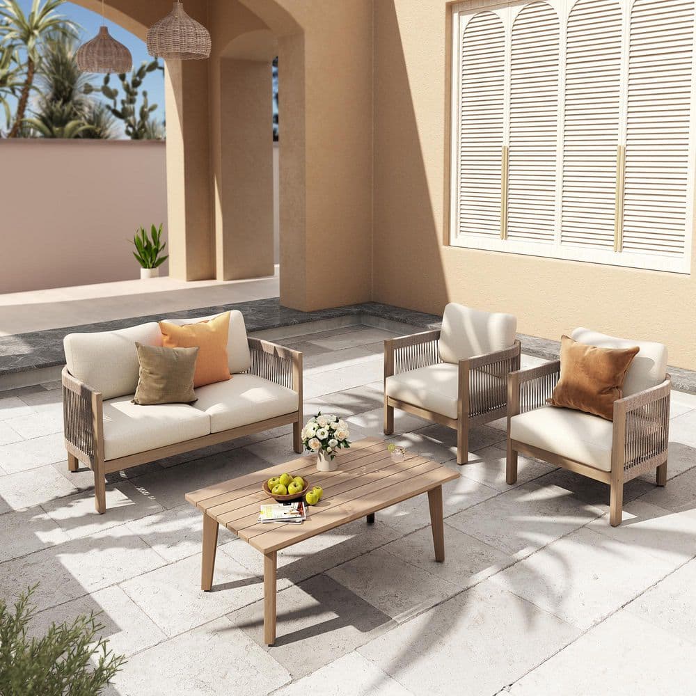 Acacia Wood Hand-Woven Wicker Rope 4-Piece Outdoor Patio Sectional Sofa Set with Coffee Table & Beige Cushion price history on PriceWatchPro