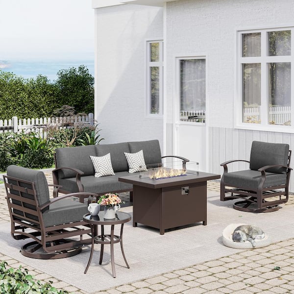 Halmuz 5-Piece Aluminum Patio Conversation Set with armrest, Firepit Table, Swivel Rocking Chairs and Black Cushions