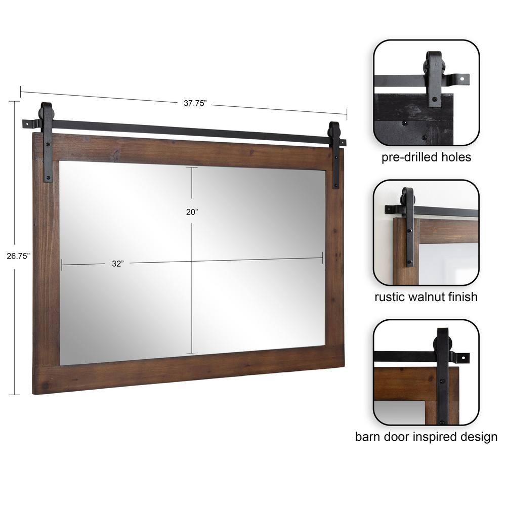Walnut Brown Farmhouse Barn Door Wall Mirror with Metal Brackets