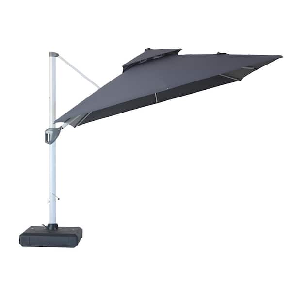 Mondawe 10 ft. Square Aluminum Cantilever Patio Umbrella 360-Degree Rotation, Dual Top, Steel Ribs with Cover and Base in Gray